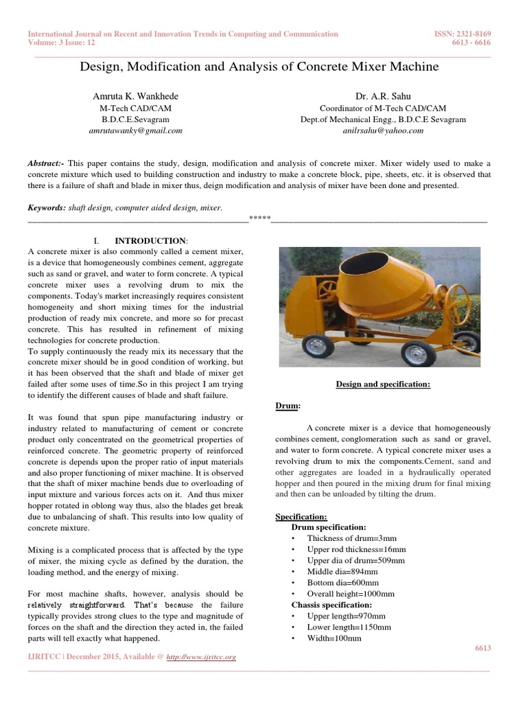Design, Modification and Analysis of Concrete Mixer Machine Concrete