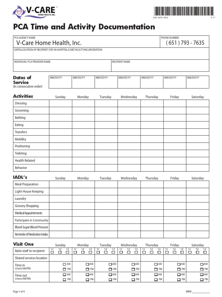 PCA Time and Activity Documentation Hygiene Wellness