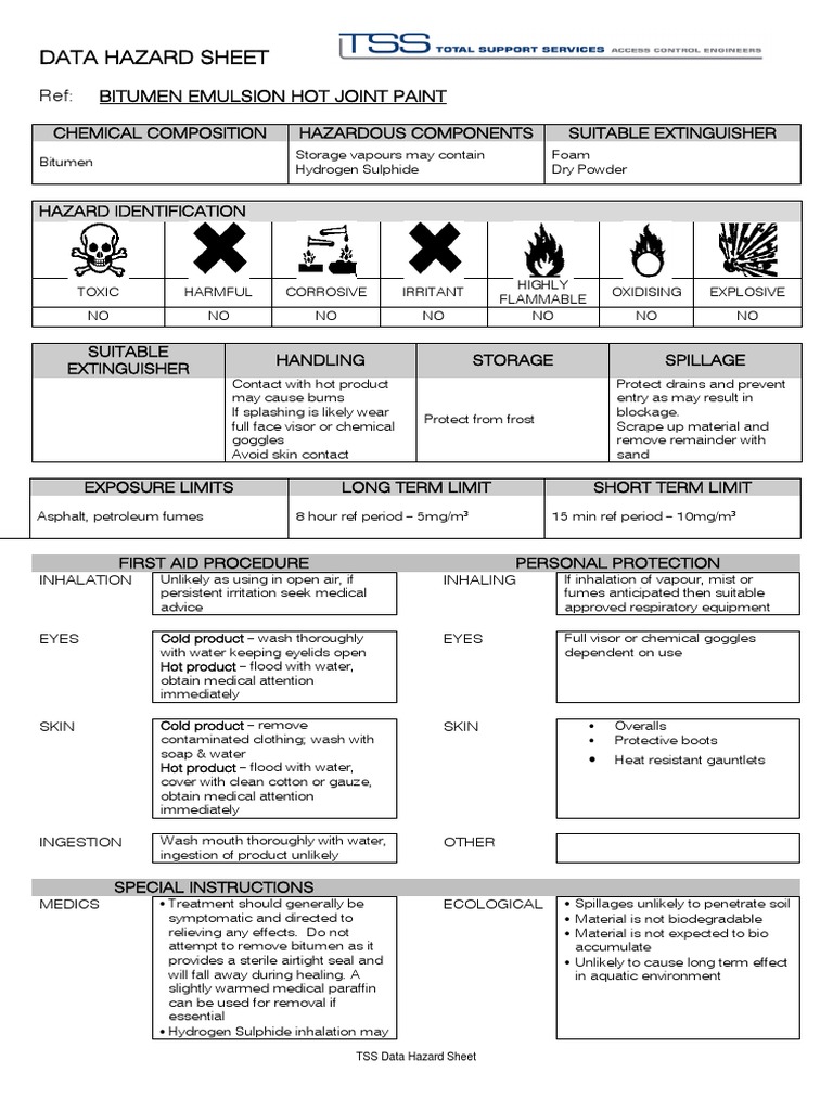 Data Hazard Sheet Ref Bitumen Emulsion Hot Joint Paint PDF