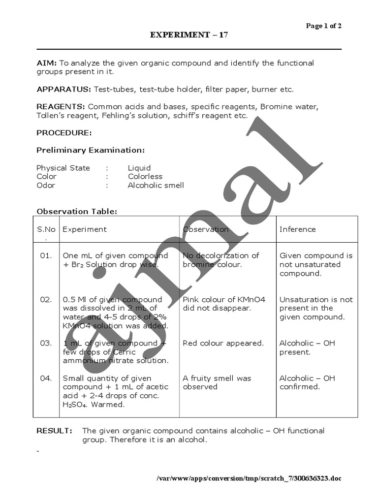 Identification Of Functional Groups In Organic Compounds Practical