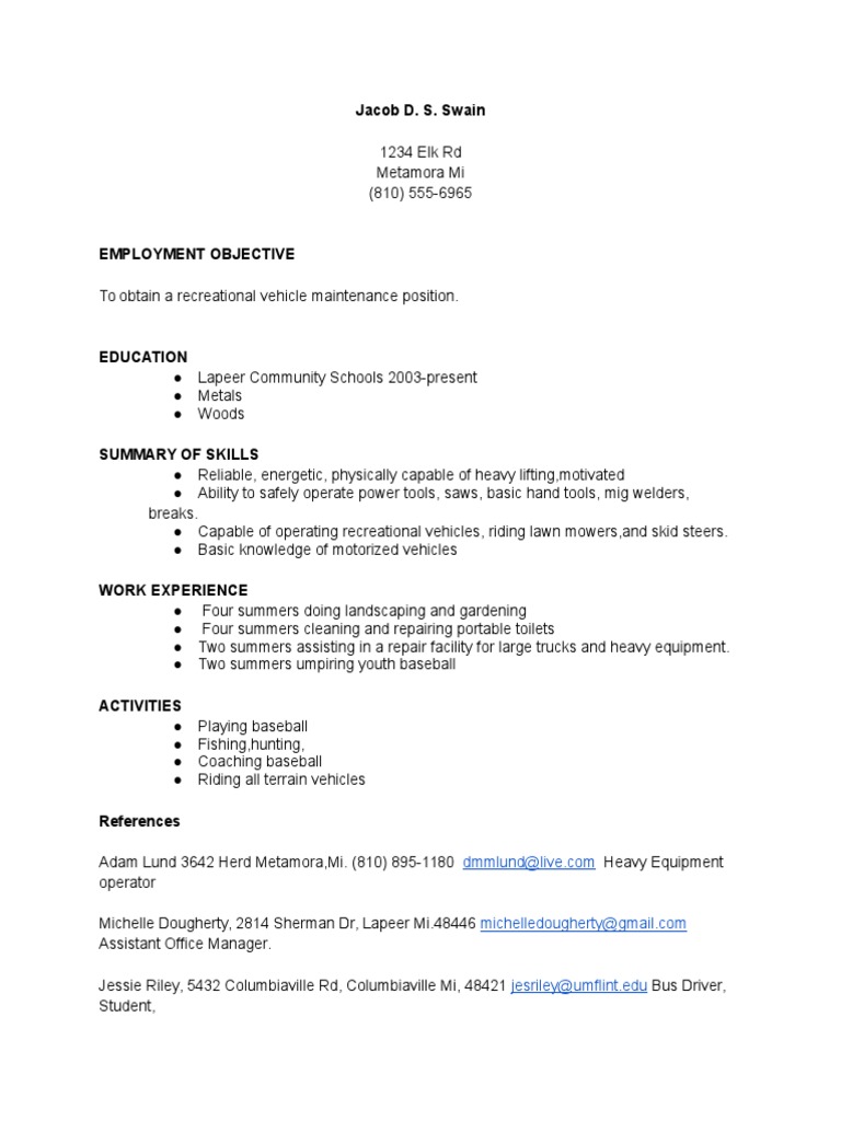 Recreational Vehicle Maintenance Resume | PDF | Travel
