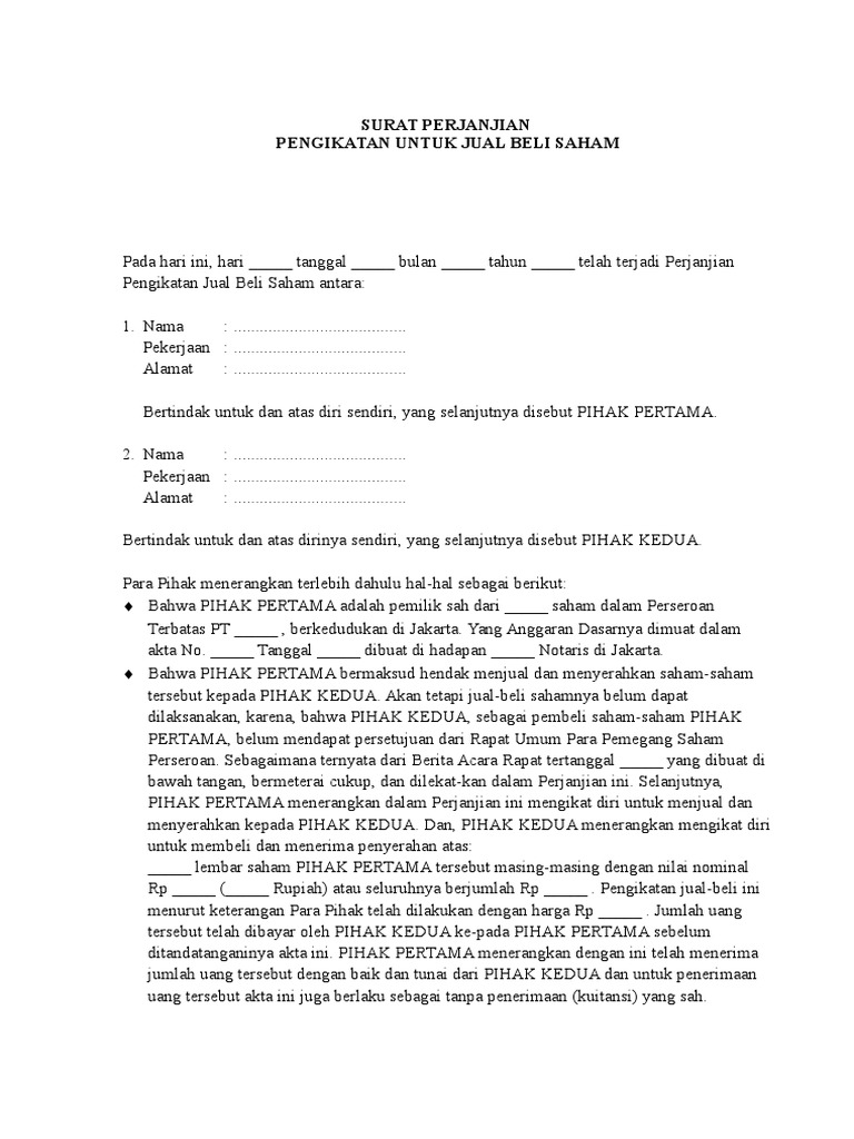 Surat Perjanjian Pengikatan Jual Beli Saham  PDF