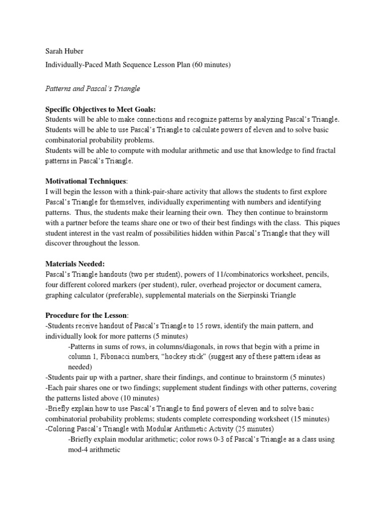 2 - Pascals Triangle Lesson Plan | PDF | Combinatorics | Cognition