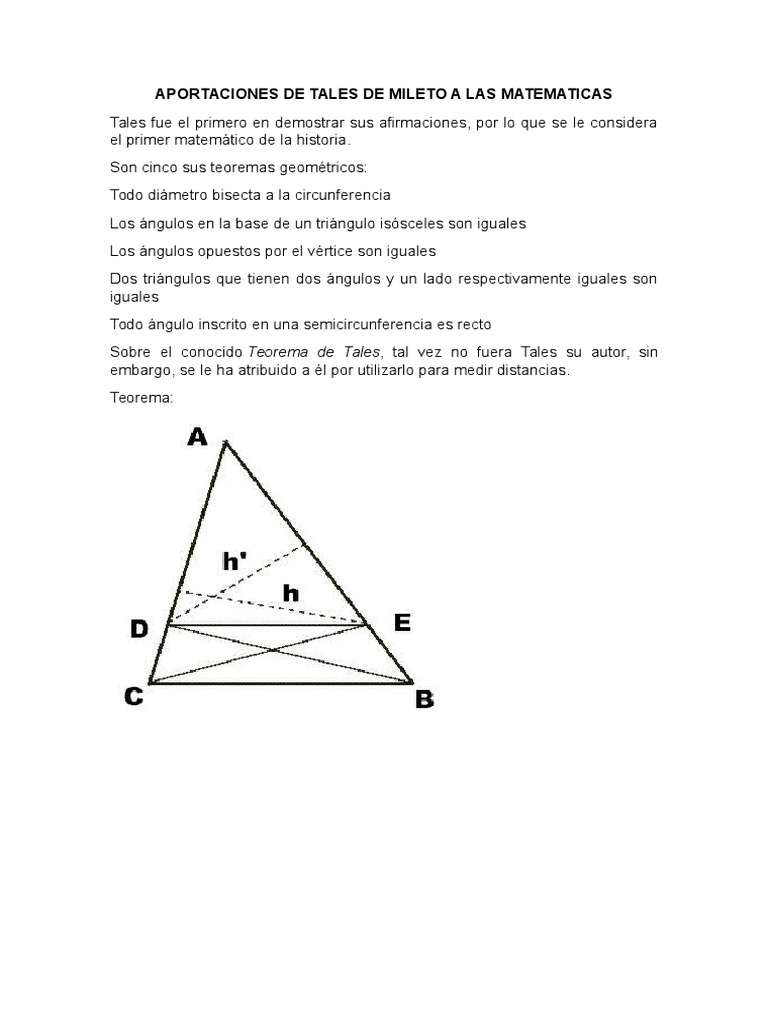 Aportaciones de Tales de Mileto a Las Matematicas