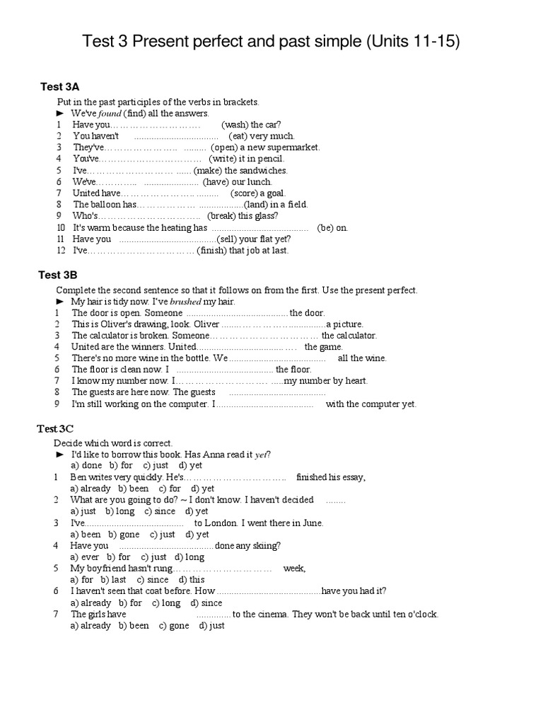 TEST 3 Present Perfect And Past Simple Perfect Grammar 