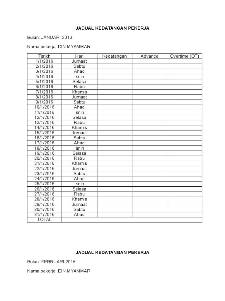 Jadual kedatangan pekerja Jadual kedatangan pekerja