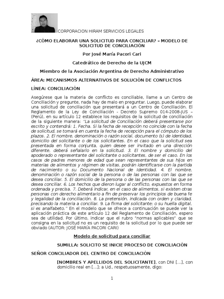 Cómo Elaborar Una Solicitud para Conciliar - Modelo de Solicitud de  Conciliación | PDF | Gobierno