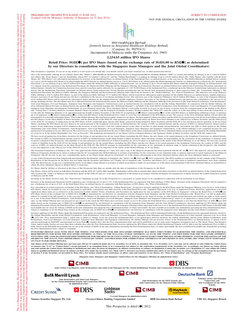 Ihh Healthcare Berhad Prospectus Initial Public Offering Securities Act Of 1933