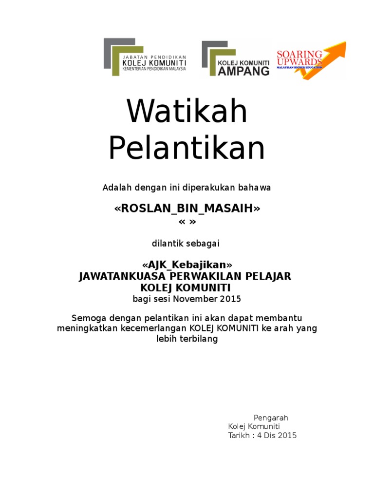 Format Sijil 02 Penghargaan Watikah Jpp Kk Ampang14 Pdf