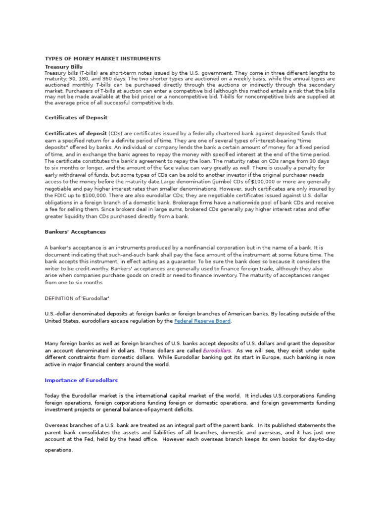 eurodollars money market instruments banks