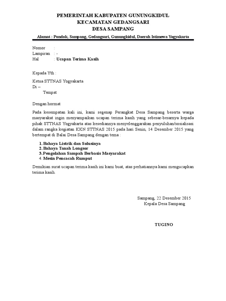 Contoh Surat Ucapan Terima Kasih