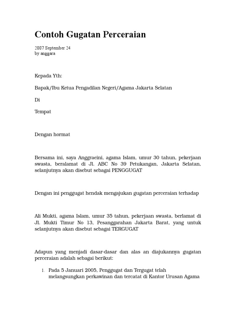 Contoh Surat Gugatan Cerai Kristen