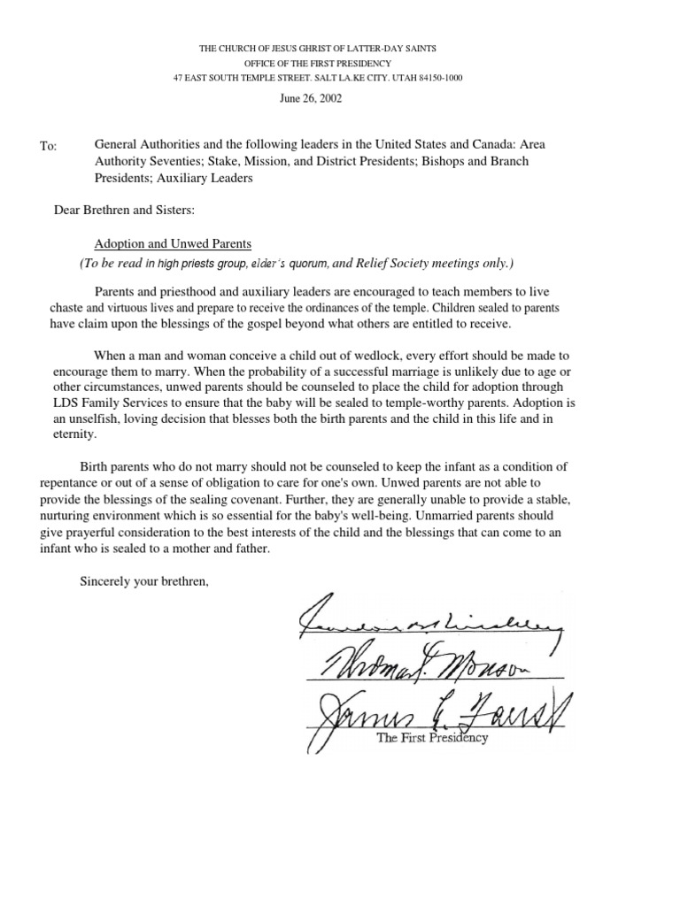 1st Presidency Letter PDF The Church Of Jesus Christ Of Latter Day Saints Marriage