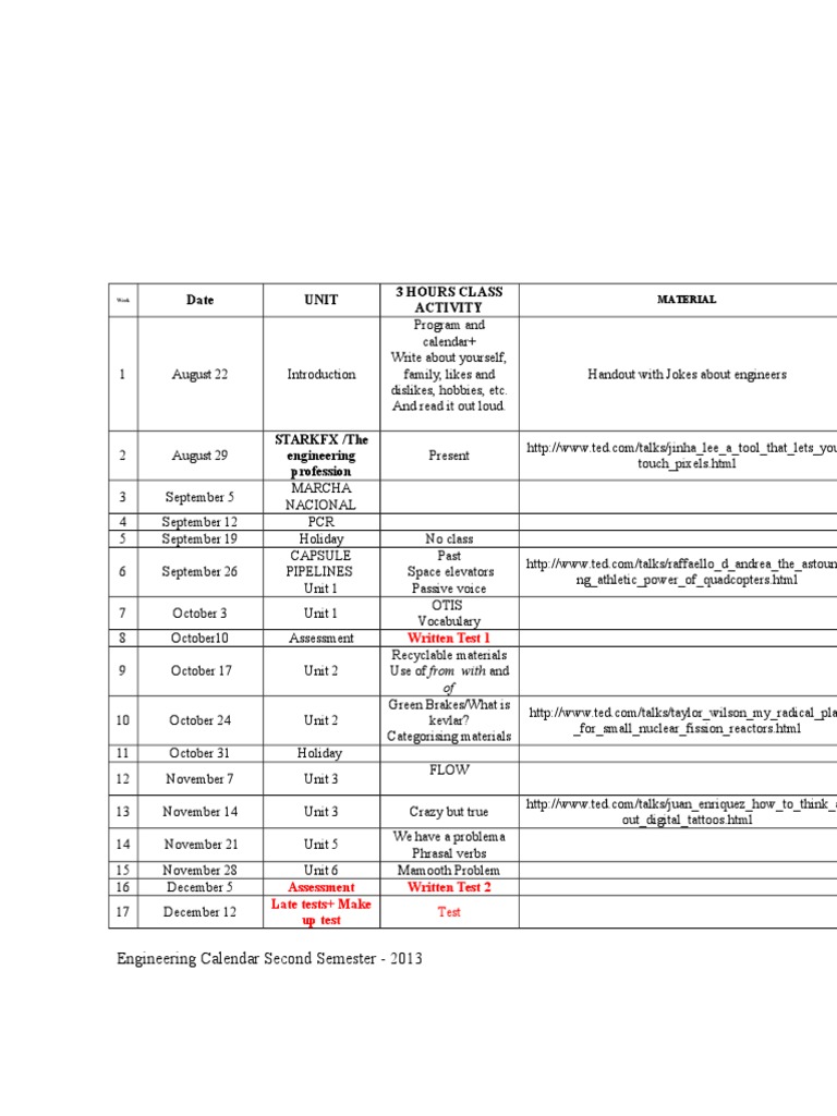 Date Unit 3 Hours Class Activity: Engineering Calendar Second Semester ...