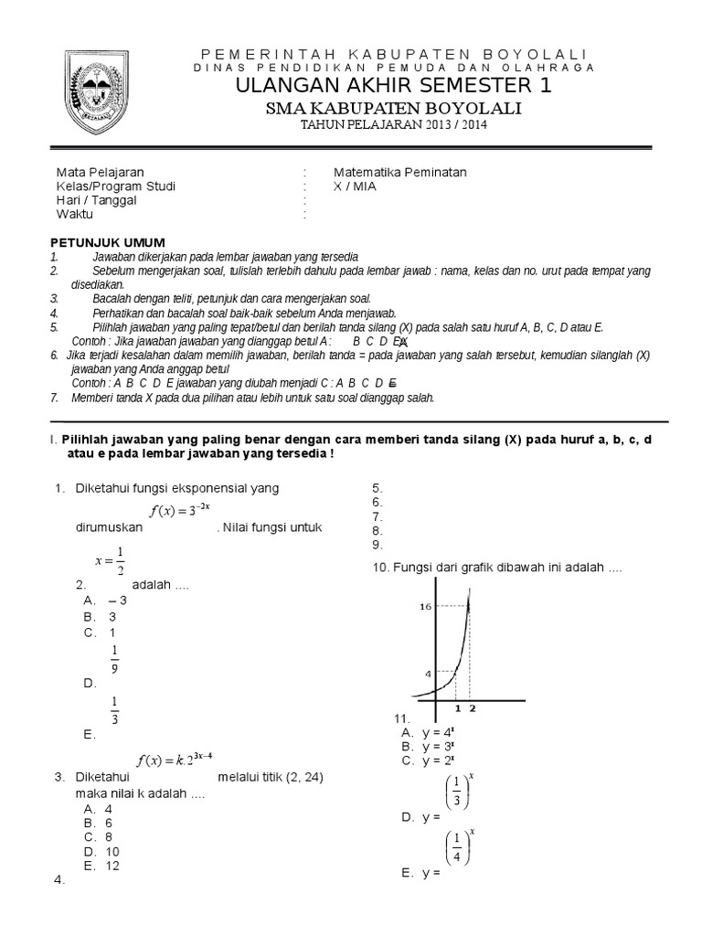 Uas 1 Matematika X Peminatan 14 15