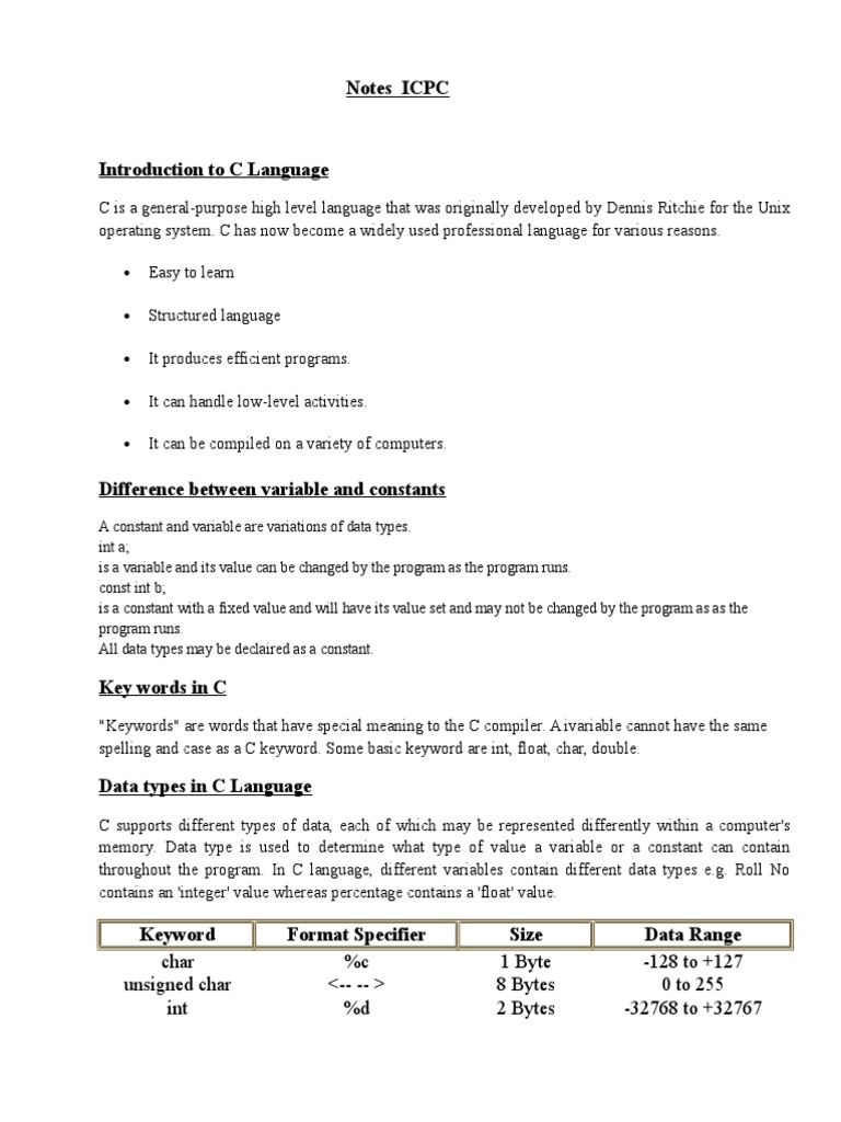 C language notes pdf