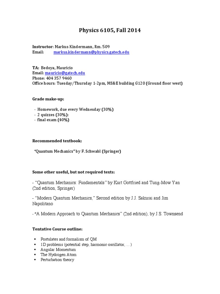 Physics 6105 Syllabus Fall 2014 | PDF