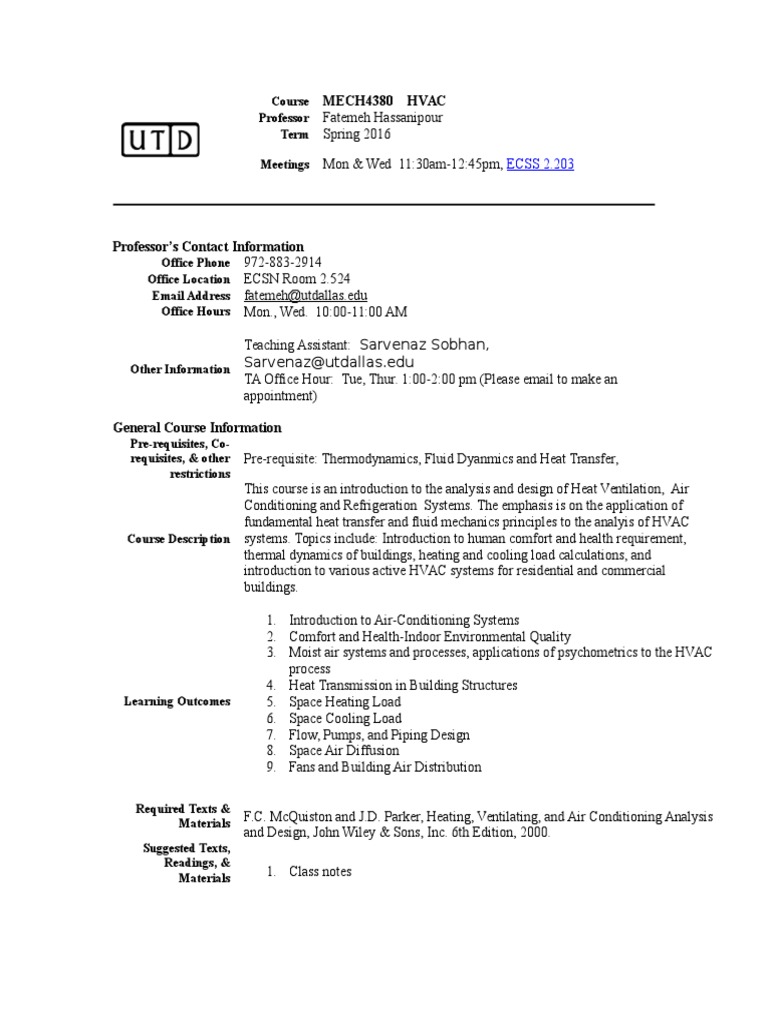 HVAC Syllabus Spring 2016 PDF Hvac Air Conditioning