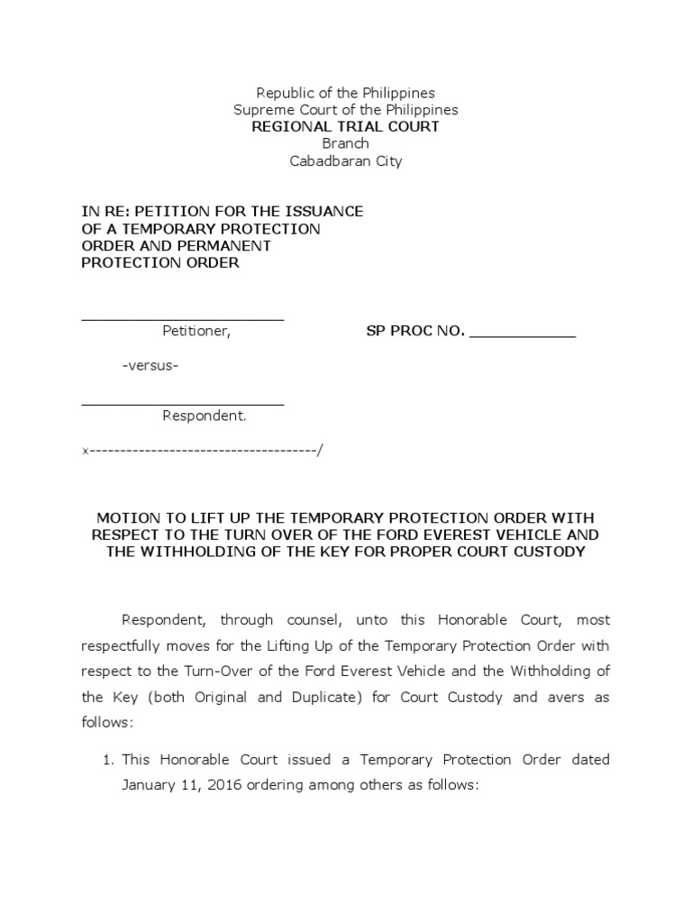 Motion to Lift Up TPO Restraining Order Common Law