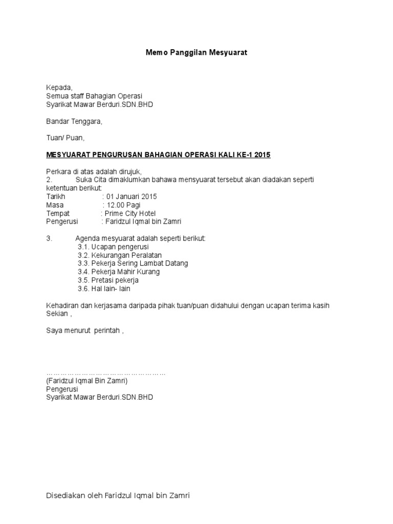 Memo Panggilan Mesyuarat | PDF