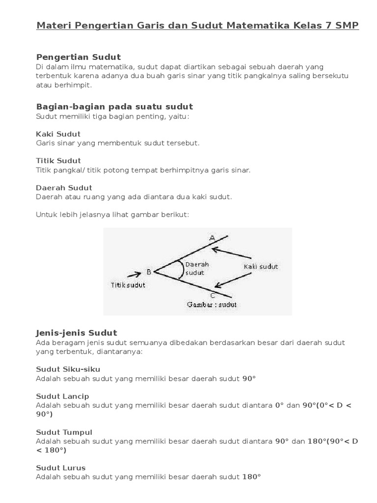 Materi Pengertian Garis Dan Sudut Matematika Kelas 7 Smp Pdf