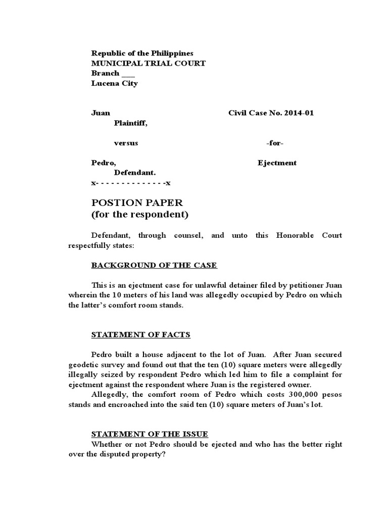Postion Paper (for the respondent): Republic of the Philippines Municipal Trial Court Branch ...