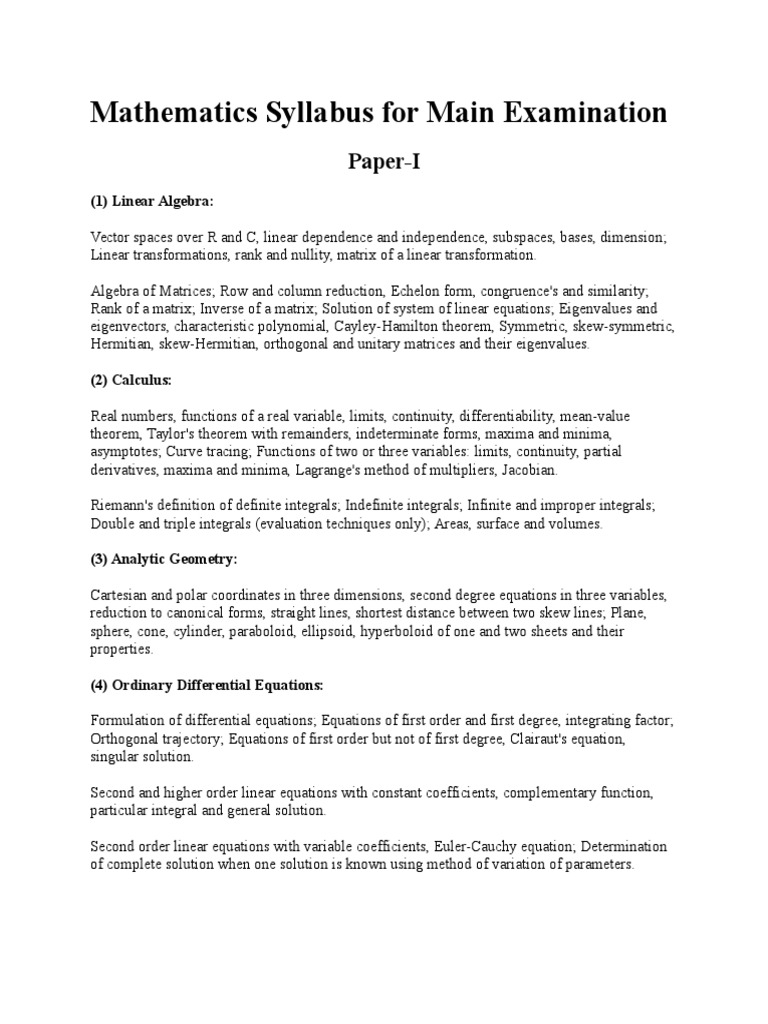 Mathematics Syllabus for Main Exam | PDF | Integral | Equations