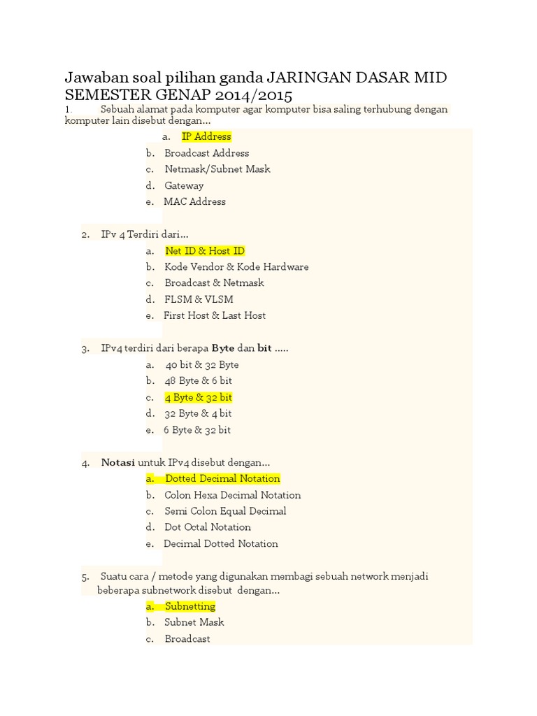 Contoh Soal Untuk Materi Pengalamatan Ip
