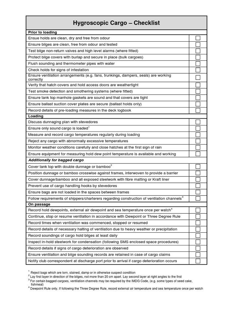 Hygroscopic Cargo Checklist Prior To Loading PDF Cargo