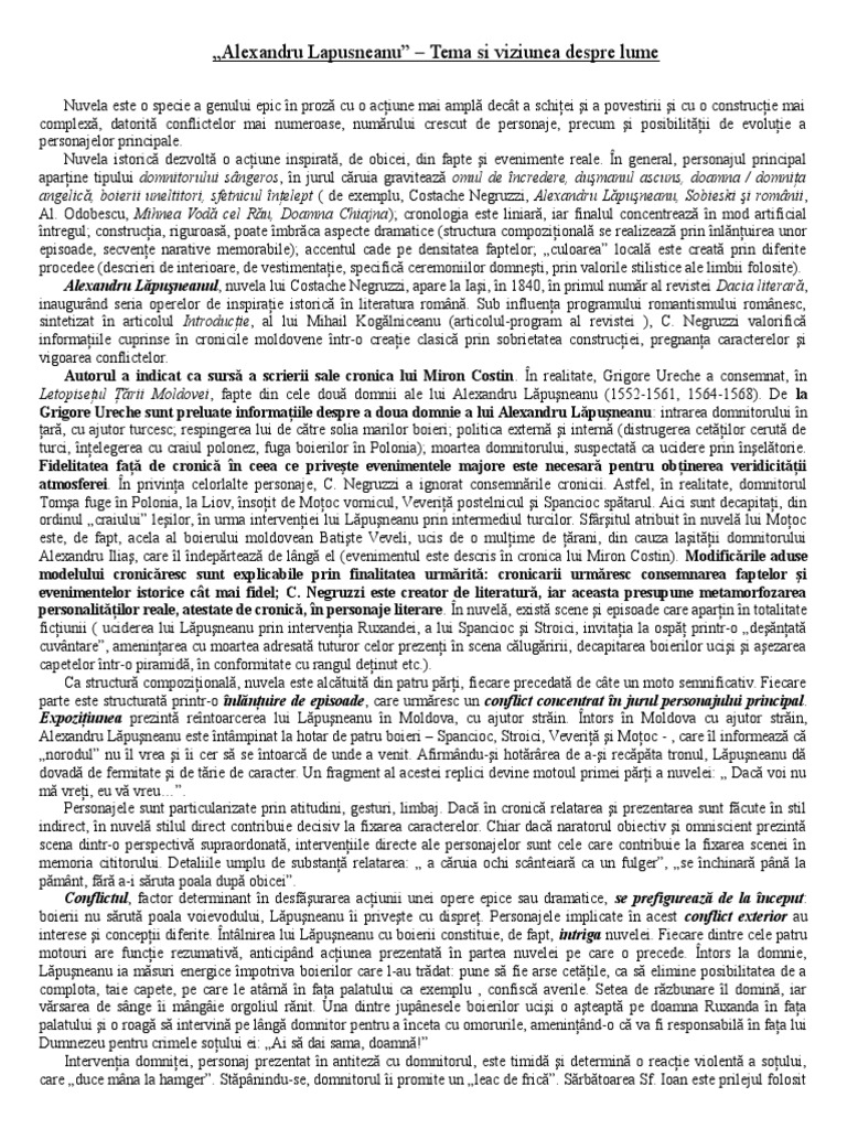 Tema Viziunea Despre Lume Alexandru Lapusneanu