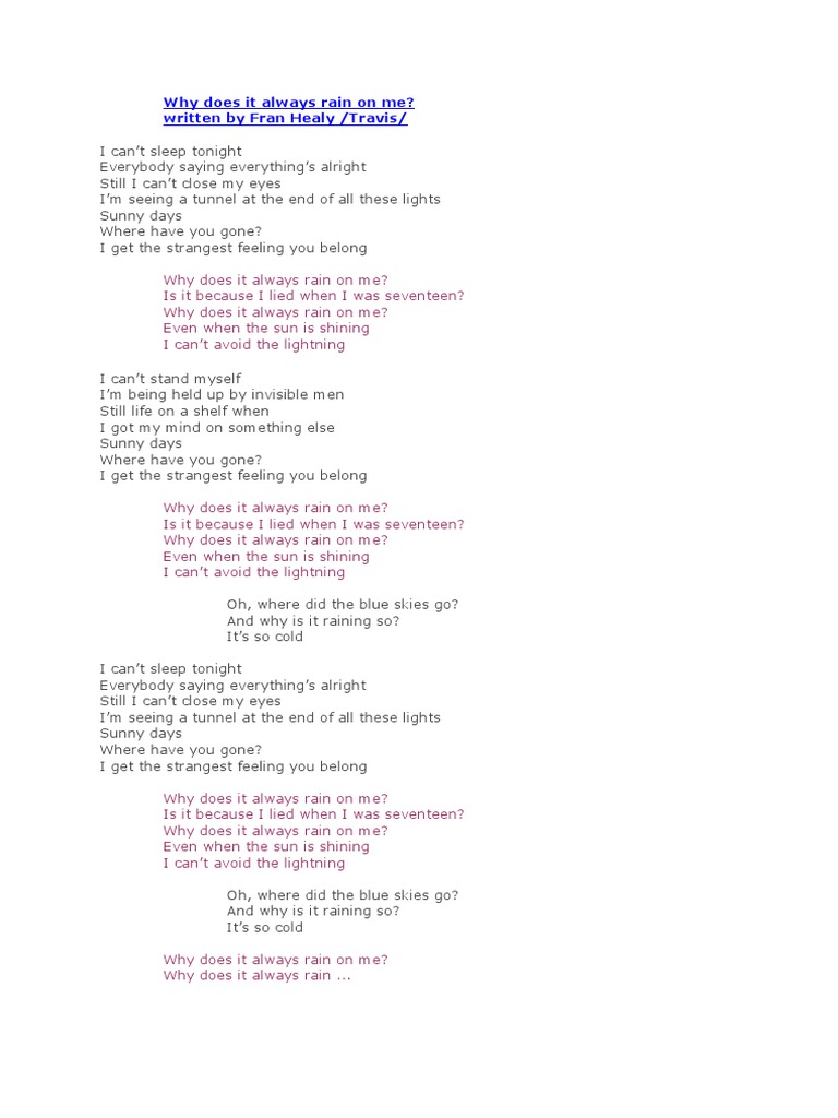 Why Does It Always Rain On Me - Travis - Lyrics | PDF | Entertainment ...