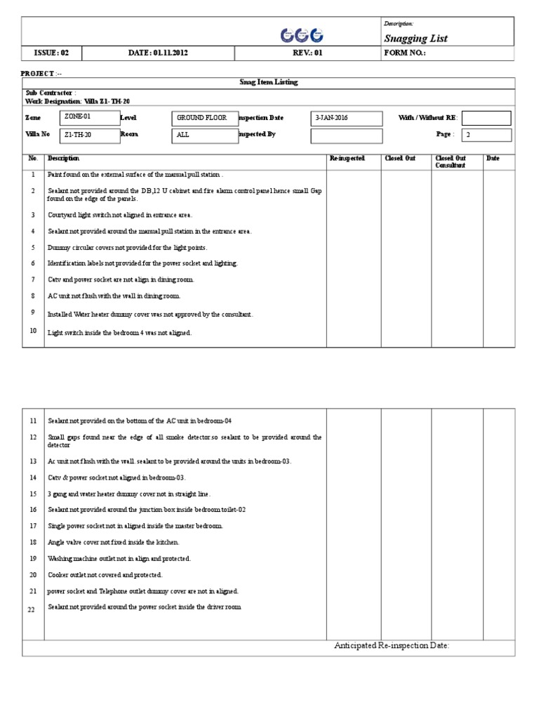 Snagging List ISSUE 02 DATE 01.11.2012 REV. 01 Form No.