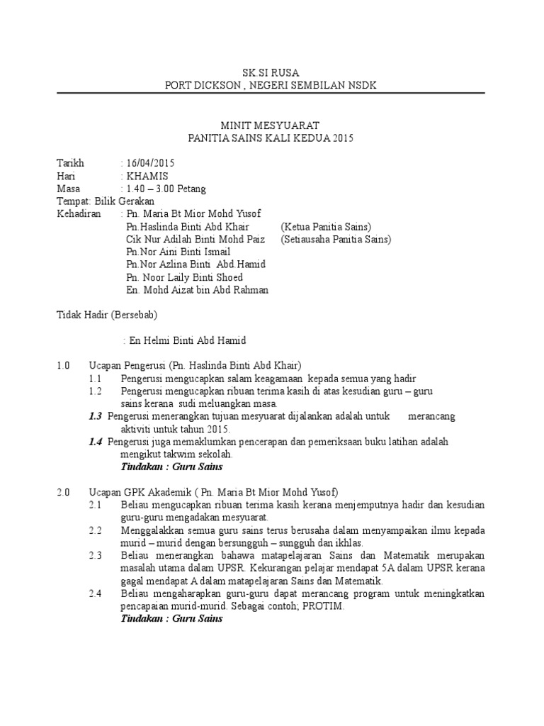 Minit Mesyuarat Panitia Sains Kali Kedua 2015