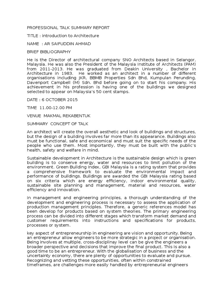 Professional Talk Summary Report | PDF | Architect | Entrepreneurship