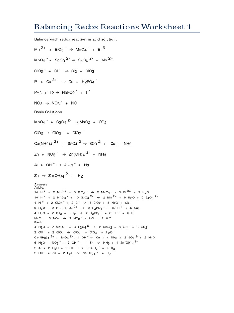 Balancing  Redox Reactions Worksheets 5 & 5 (With Answers)  PDF Regarding  Oxidation Reduction Worksheet Answers