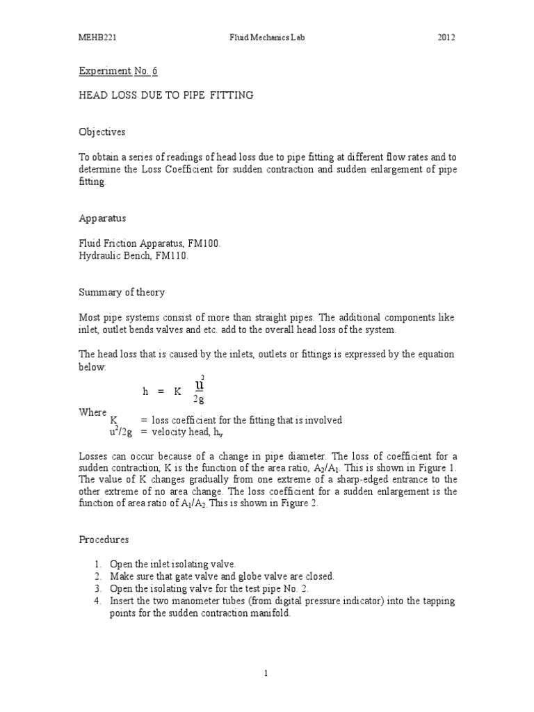 726847550 Exp 6 Head Loss Due To Pipe Fitting 2012 Valve Liquids