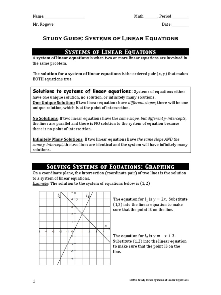 Study Guide: Linear Equations Systems | PDF | Equations | System Of ...