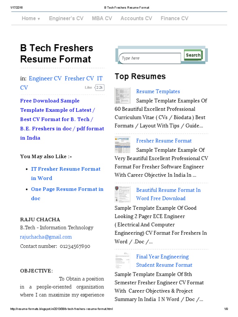 resume Resume B Tech b tech freshers resume format java server faces