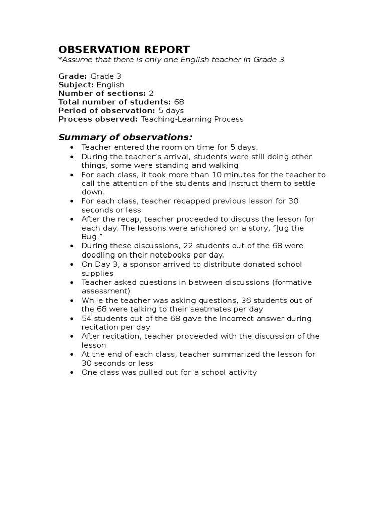 Sample observation report pdf