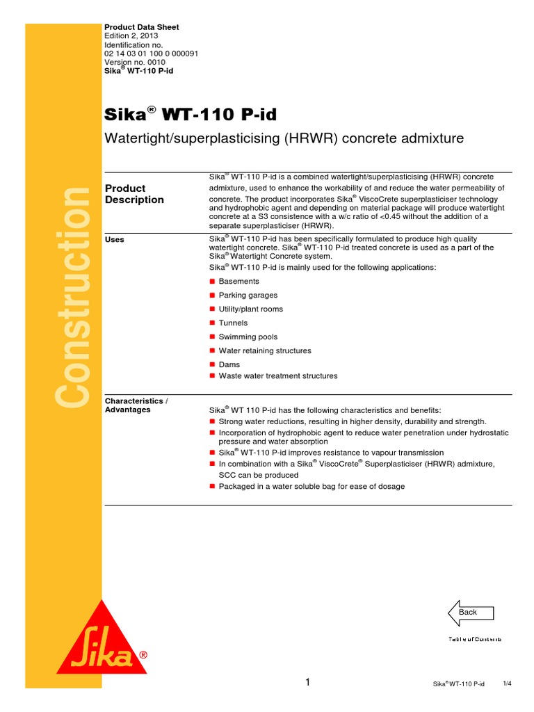 Sika Wt 110 P Id Pds En Concrete Cement
