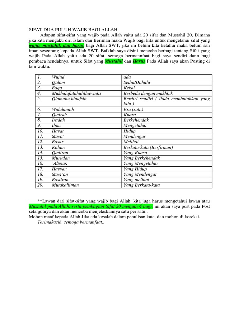 Sifat Dua Puluh Wajib Bagi Allah Pdf
