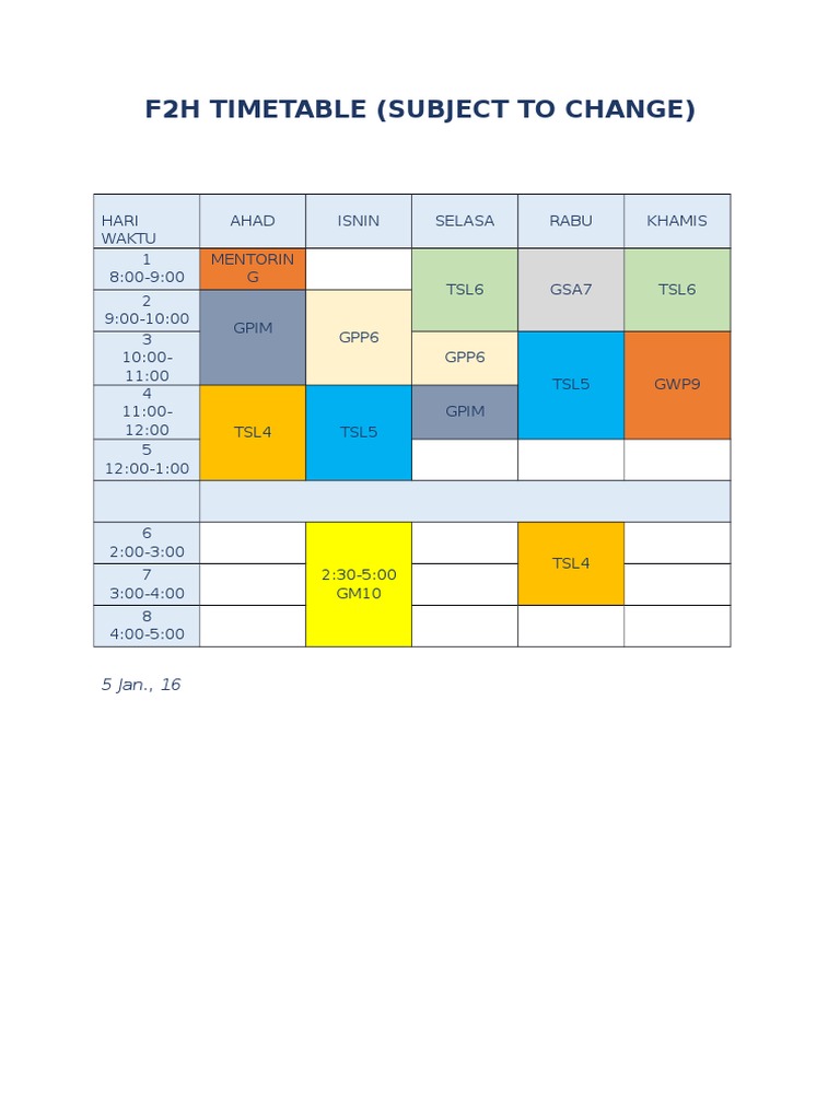 F2H Timetable (Subject To Change) | PDF | Cooking, Food & Wine