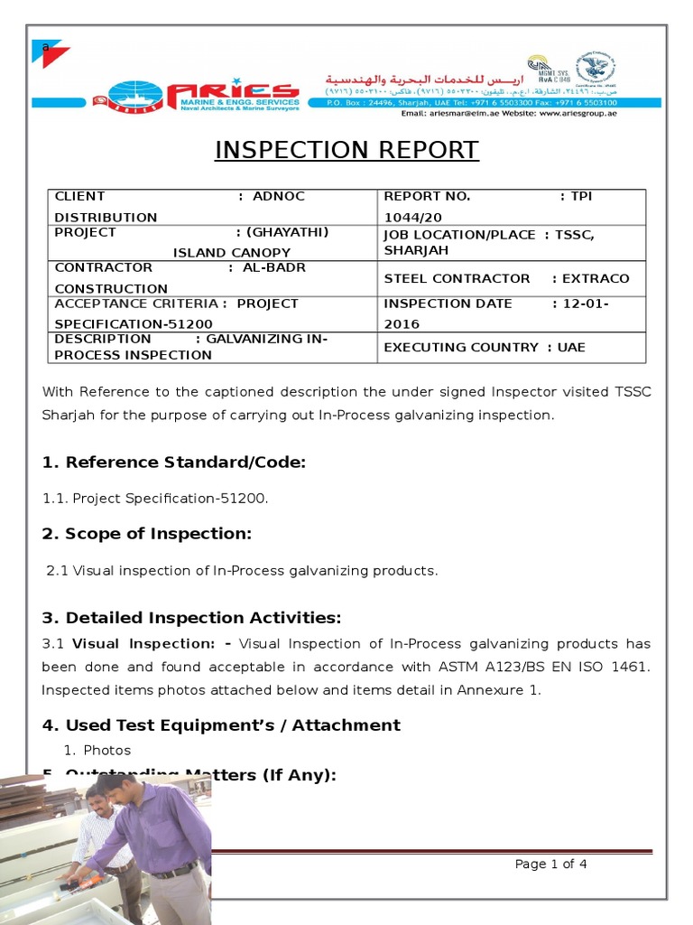 Galvanizing Inspection Report for ADNOC | PDF