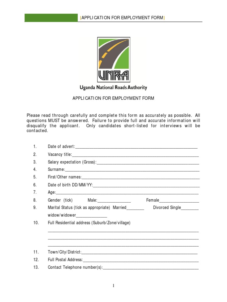 UNRA Employment Application Form | PDF