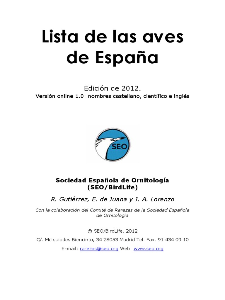 Lista de Las Aves de España PDF Especies Vertebrados De Europa