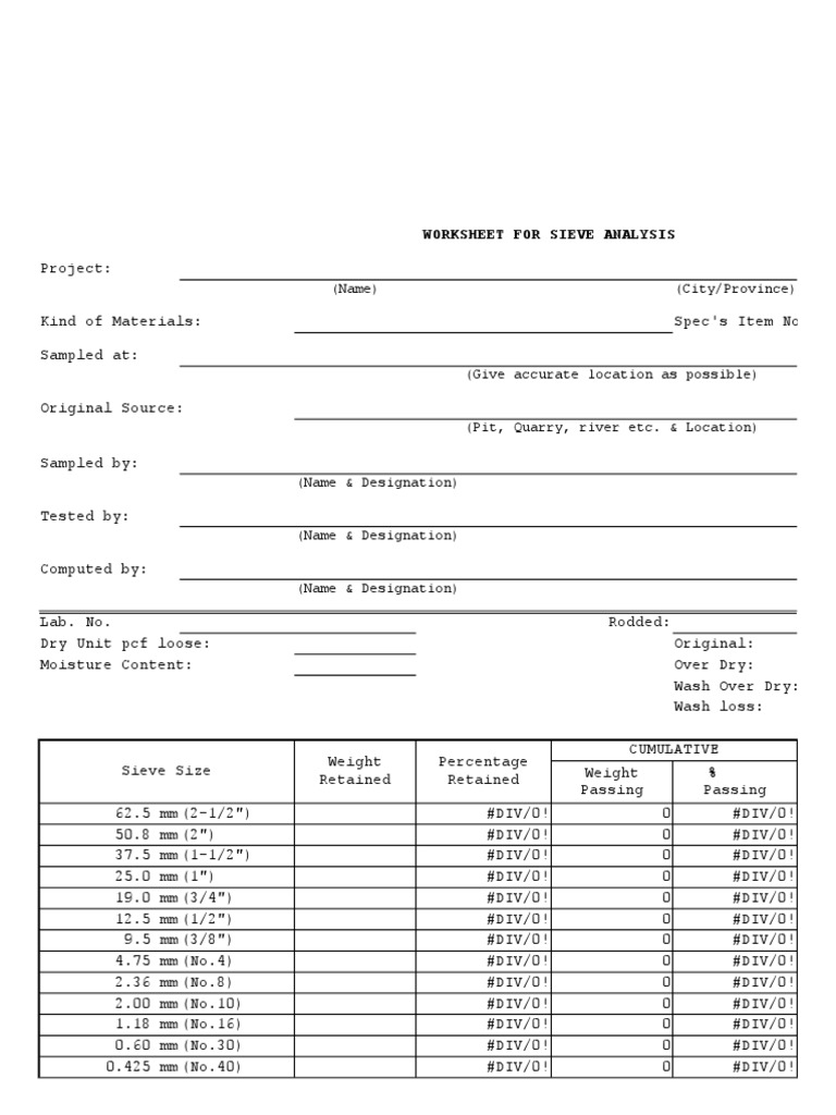 Sieve Analysis Worksheet