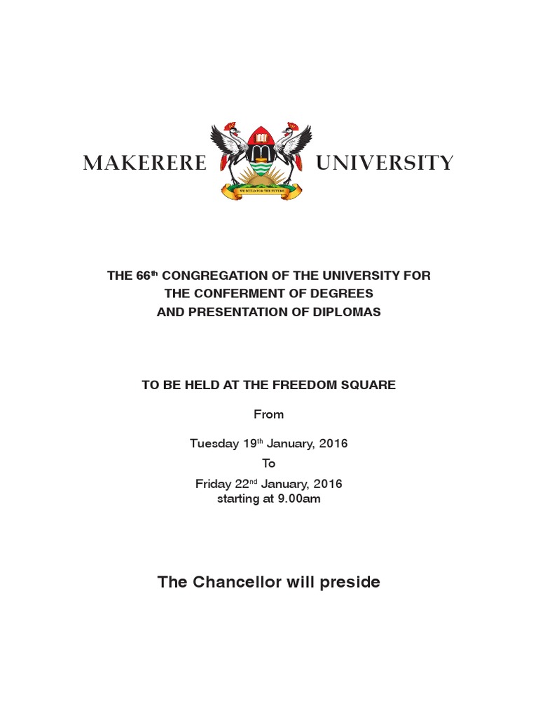 Makerere University 66th Graduation List For Tuesday 19th January 2016