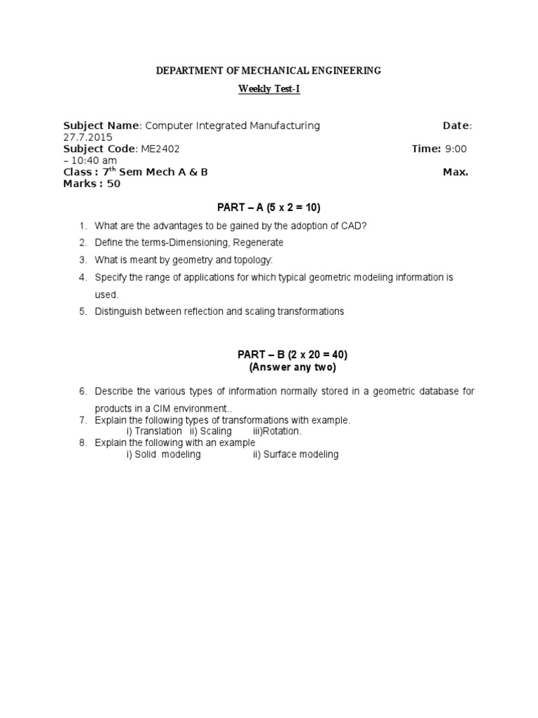 Computer Integrated Manufacturing Test | PDF | Technology & Engineering