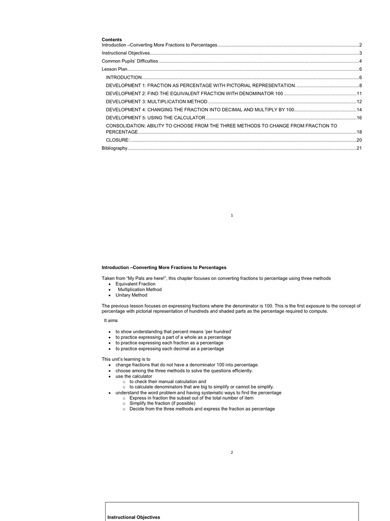P5 Maths Lesson Plan On Percentage Fraction Mathematics Percentage