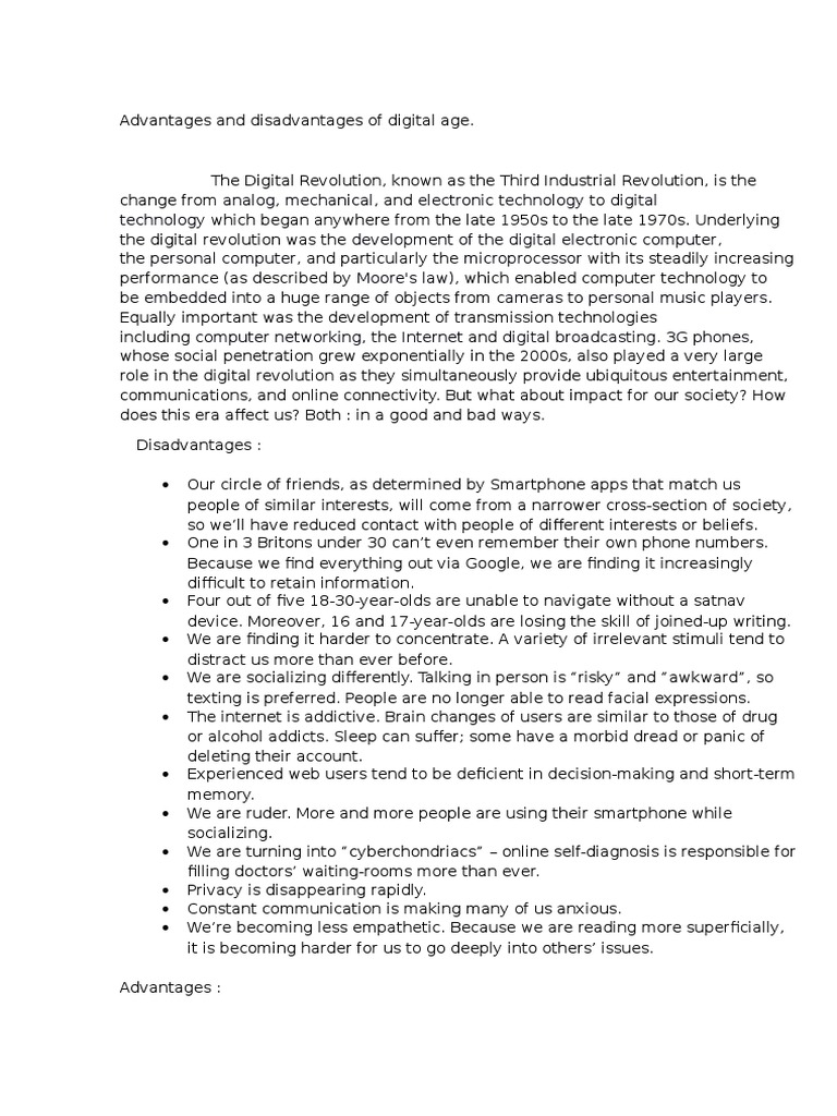 Advantages and Disadvantages of Digital Age PDF Digital Technology